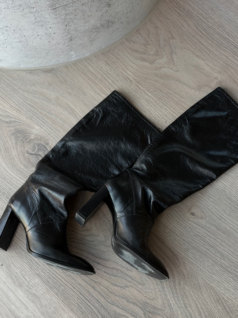 BY FAR Black Camilla Tall Boots, Black Leather Knee-High Block Heel Boots